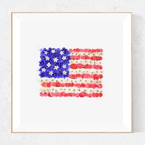 American flag wall art, Patriotic decor, USA Flag, stars and stripes, American flag with flowers, red white and blue, America