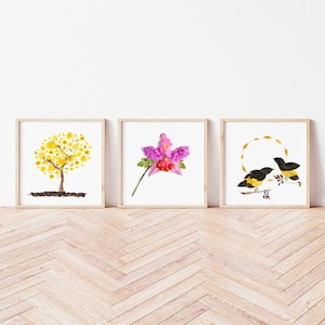Arte Venezuela, conjunto de tres, símbolos patrios de Venezuela, Araguaney, Orquidea y Turpial, cartel de venezuela