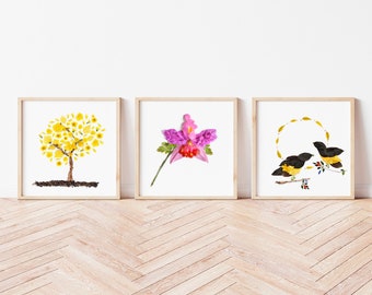 Venezuela Art, set of three, patriotic symbols of Venezuela, Araguaney, Orquidea and Turpial, venezuela poster