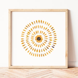Sunflower art boho wall art, sunflower print, indie room decor earth tone wall art, eclectic flower art above bed, pressed sunflower gifts