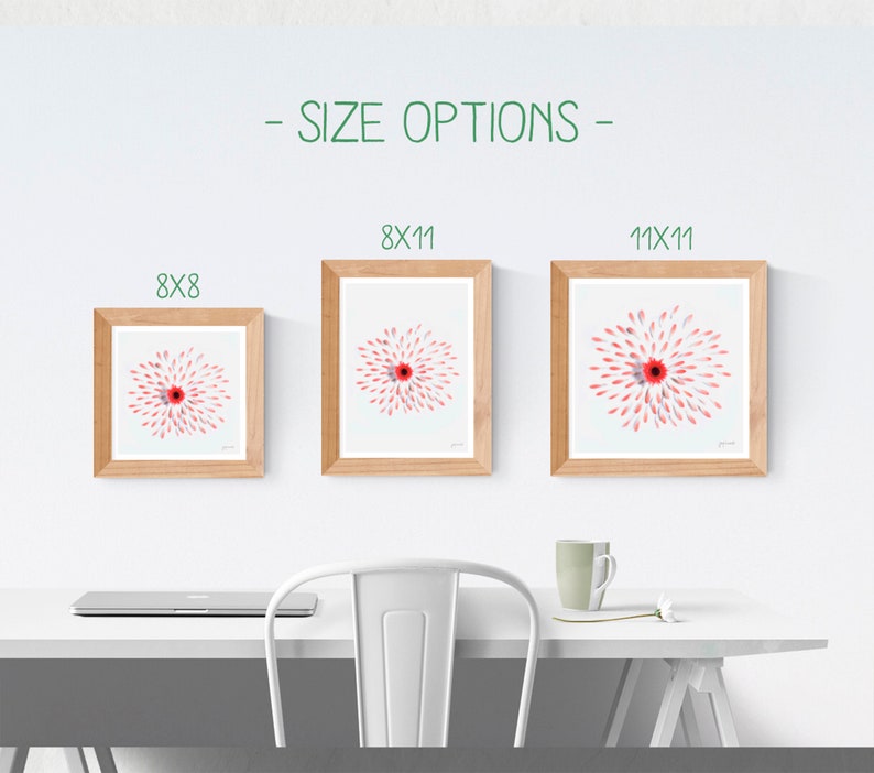 May include: Three framed prints of a pink and red flower with a white background. The frames are light brown wood. The prints are available in three sizes: 8x8 inches, 8x11 inches, and 11x11 inches.