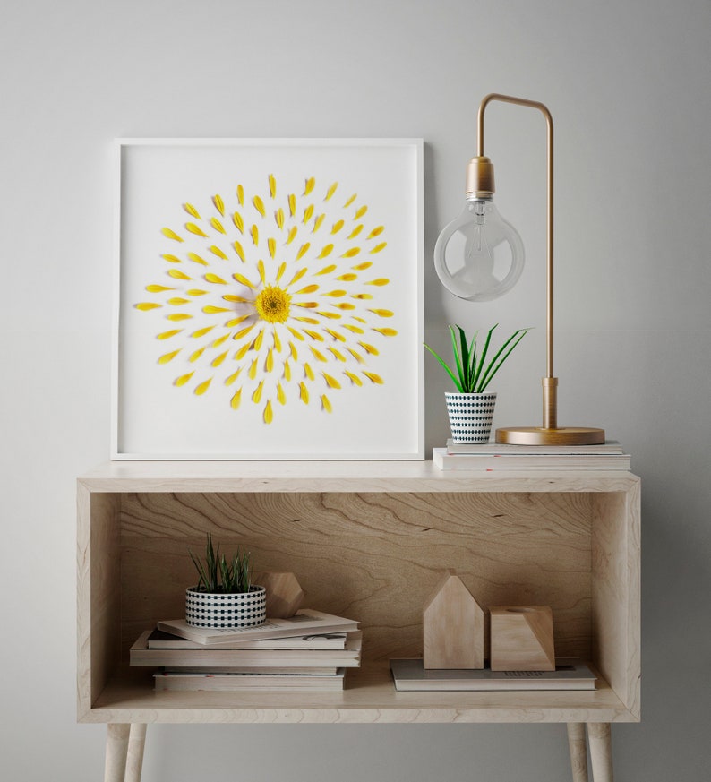 daisy art in a frame leaning on a wooden furniture