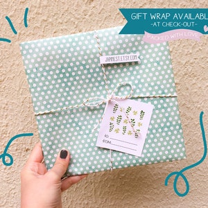 May include: A green and white polka dot gift wrap with a white gift tag that says "to... from..." and has a floral design. The gift is tied with twine and a small tag that says "japanestet.etsy.com". The text "Gift Wrap Available - At Check-Out - Packed With Love" is at the top of the image.