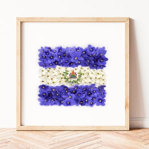 El Salvador Art, Flag of El Salvador, wall art made with flowers and leaves, El Salvador Poster, pupusa