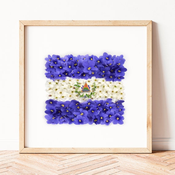 El Salvador Art, Flag of El Salvador, wall art made with flowers and leaves, El Salvador Poster, pupusa