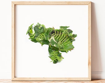 Venezuela, Venezuela art, Map of Venezuela made with green leaves, Venezuelan Poster