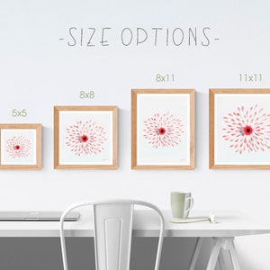 May include: Four framed prints of a red flower with white petals on a white background. The frames are all wood and have a natural finish. The prints are available in four sizes: 5x5 inches, 8x8 inches, 8x11 inches, and 11x11 inches.