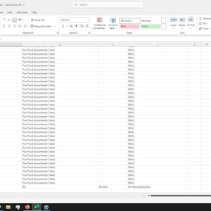 May include: A spreadsheet with a list of numbers and text. The text in the spreadsheet says "Pre-Pack Assortment Table".