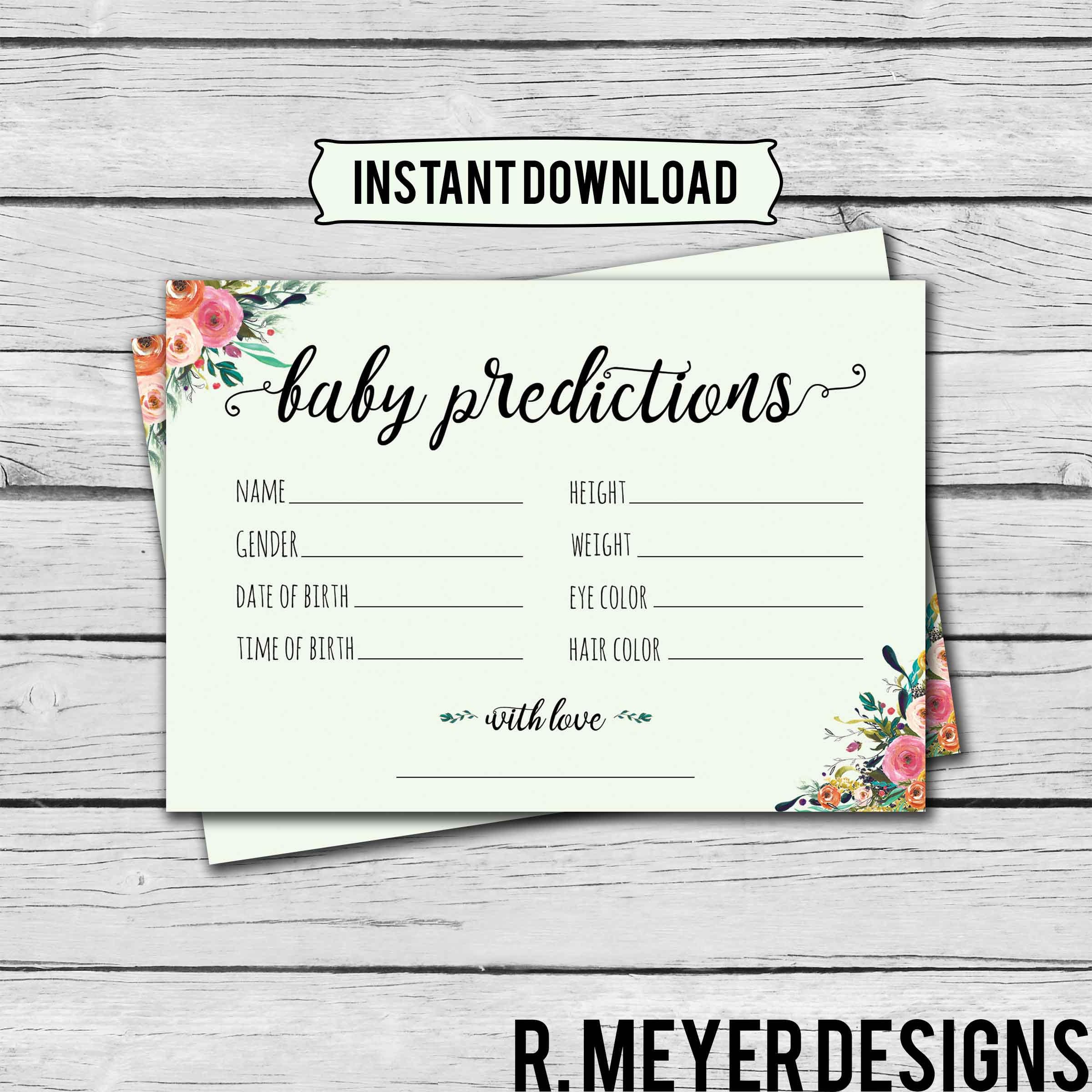 Floral Baby Prediction Cards Instant Download Printable | Etsy