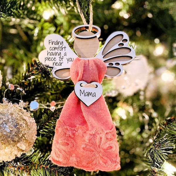 Memorial Angel Cloth Ornaments, Sentimental Fabric DYI kits, Handmade Heirloom Loss of loved one Ornament, Wooden for remembrance & comfort.