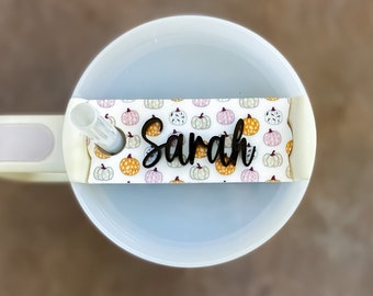 Stanley Fall Pumpkin Name Plate, 30 & 40 oz tumbler topper, Acrylic Laser Quencher Cup lid Accessory, BESTSELLER tumbler personalized tag.