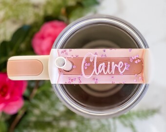 Holographic hearts Stanley Cup Name Plates, 30 & 40 oz tumbler topper, clear pink acrylic name tag accessory, Mother's Day, daughter gifts.