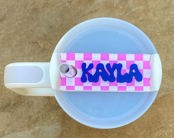Personalized Stanley Tumbler Name Plate: Pink Retro Checkered Acrylic Tag