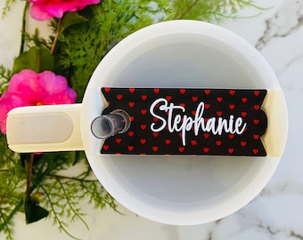 Heart Lovers, Brides Stanley Cup Name Plates, 30 & 40 oz topper, black, red mini hearts Cup Accessory tag, Mother/Daughter holiday gifts.