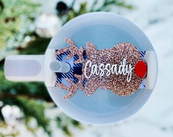 Winter Stanley Christmas Reindeer name plate, 30 & 40 oz Holiday tumbler topper cup accessories, Rudolph glitter personalized name tag.