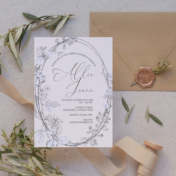 Fine Line Floral Bridal Shower Template Invitation, Black and White, Classic Bridal, Corjl, Customizable, Editable, DIY, Print Yourself