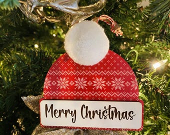 Personalized Beanie Hat Christmas Ornament: Red/Green Sweater Print Wood Keepsake