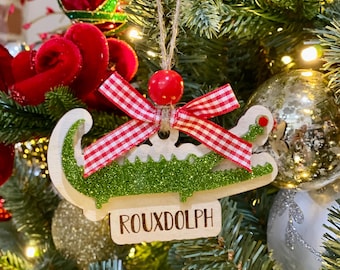 Cajun Christmas Alligator Ornament: Rouxdolph Red Nose, Gingham Bow, Louisiana