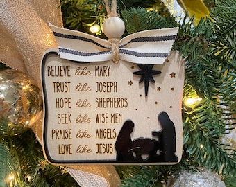 Nativity Scene Christmas Ornament: Wood & Acrylic Keepsake with Bow
