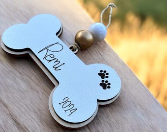 Personalized Dog Bone Ornament, Engraved Paw Prints, Pet Memorial Gift