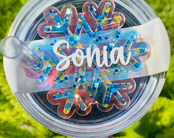 Personalized Iridescent Snowflake Stanley Topper: Glitter Christmas Name Tag