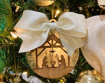 Nativity Scene Christmas Tree Ornament: Wood and Acrylic  Keepsake with Cream Bow. A Savior is born gift.