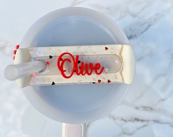 Personalized Valentine Stanley Topper, Hearts Acrylic Name Plate