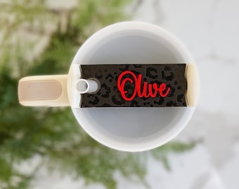Personalized acrylic Stanley Name Plate with Black leopard print, 30 & 40 oz Custom Tumbler topper tag accessory, Perfect Mother&#39;s Day gift.