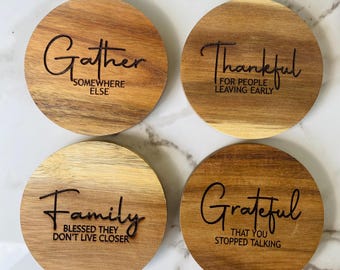 Hilarious Wooden Coaster Set, Gather, Thankful, Grateful, Family Sarcastic Acacia Laser Christmas, White Elephant, Gag Gift Giving Party