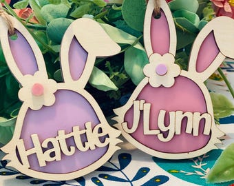 Easter Basket Personalized Name Tag, Custom Pastel Acrylic, Wood Bunny, Spring Gift for Baby, Gifts for Kids, Easter and Spring Decor.