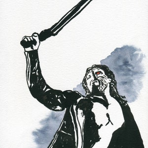 May include: A black and white illustration of a person with long hair holding a sword up in the air. The person is wearing a leather jacket and has a red eye.