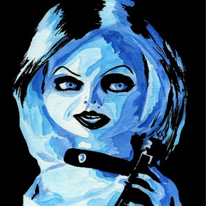 May include: A watercolor painting of a woman with blue and white hair, holding a razor in her hand. Her eyes are wide and her expression is menacing.
