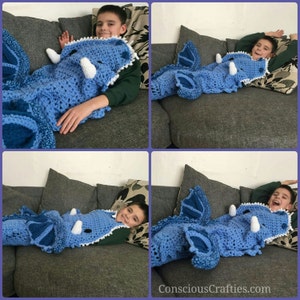 Eaten by a Dragon Afghan blanket in colours of your choice, custom dragon blanket, fun quirky gift blanket