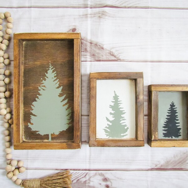 Evergreen Tree Set, Nature Nursery Decor, Woodland Signs, Christmas Decor, Log Cabin Decor, Pine Trees, Rustic Signs