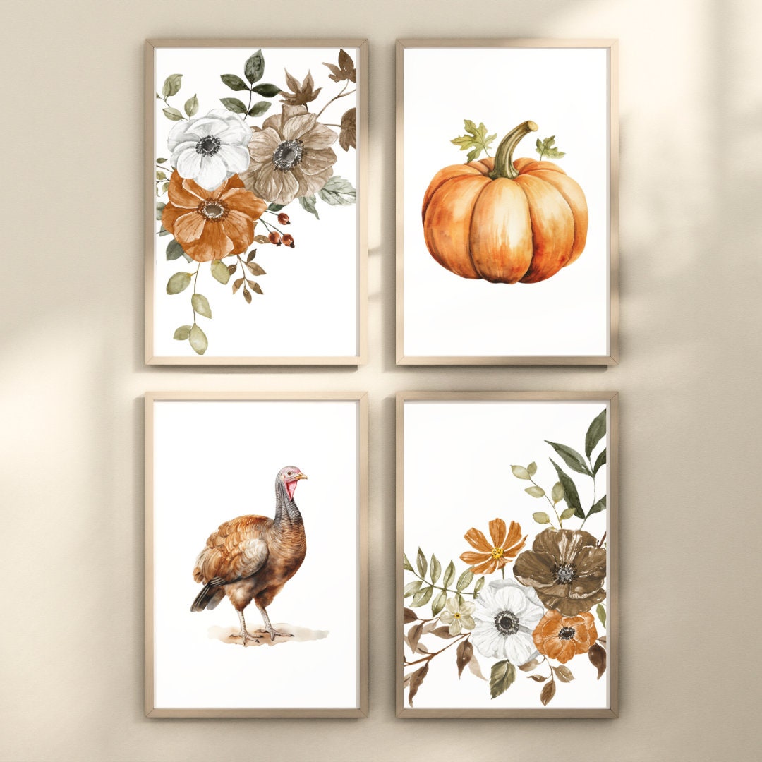 Thanksgiving Art Print Set, Turkey and Pumpkin Decor, Fall Wall Art