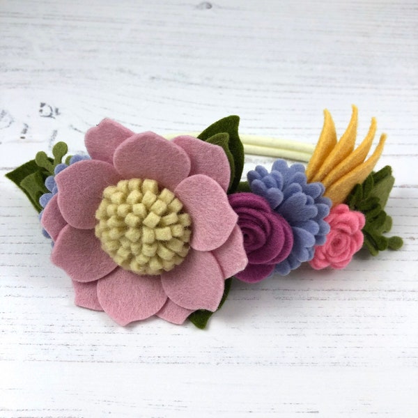 Felt flower headband. Flower crown for girls. Woman headband. Festival flower crown. Baby photo prop. Pink felt crown. Flower girl headband.