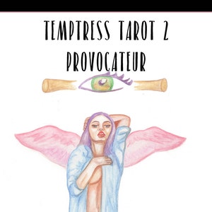 Pu&ograve; includere: Un'illustrazione ad acquerello di una donna con ali rosa, che indossa una camicia blu chiaro e capelli viola. La donna sta guardando lo spettatore. L'immagine ha il testo "TEMPTress TAROT 2 PROVOCATEUR" e "MICHELE GREY HARTSOE" nella parte superiore e inferiore dell'immagine.