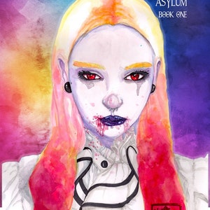 Può includere: Un'illustrazione ad acquerello di un vampiro con occhi rossi e sangue che cola dalla bocca. Lo sfondo è un gradiente di rosa, arancione e blu. Il titolo "Vampire Journals: Asylum Book One" è scritto nella parte superiore dell'immagine.
