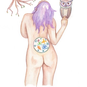 Pu&ograve; includere: Dipinto ad acquerello di una persona nuda con i capelli viola, di spalle allo spettatore. La persona tiene un gufo nella mano destra. Una ruota con le quattro stagioni &egrave; tatuata sulla sua schiena. Il testo "THE WHEEL X" &egrave; scritto sotto la persona.