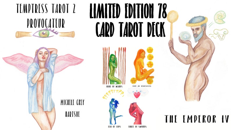 Pu&ograve; includere: Un mazzo di tarocchi da 78 carte in edizione limitata con illustrazioni ad acquerello. Le carte presentano una variet&agrave; di immagini, tra cui una donna con le ali, un uomo con la barba e vari simboli. Il mazzo &egrave; intitolato "Tempress Tarot 2 Provocateur" ed &egrave; di Michele Grey Hartsol.