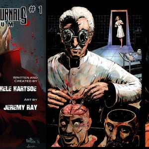 Può includere: Una copertina di fumetto con uno schema di colori rosso e nero. Il titolo è "Vampire Journals #1 Asylum". La copertina presenta un vampiro con denti aguzzi e un mantello rosso. Il testo "Scritto e creato da Michele Kartsoe" e "Art by Jeremy Ray" è anche visibile.