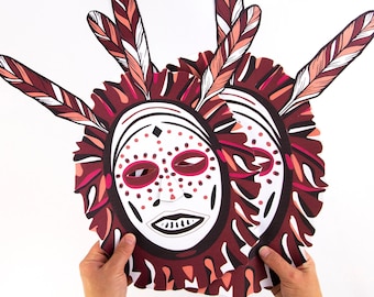Máscara de papel de brujería, máscara de chamán, con plumas, manualidades con papel