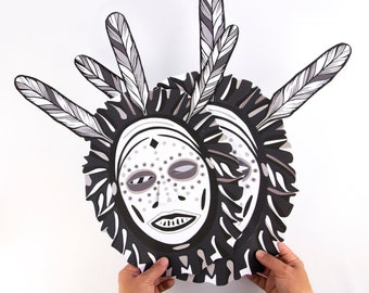 Máscara espeluznante, tribal, chamán, actividad artesanal de papel estilo médico brujo
