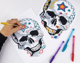 Skull mask, Day of the Dead, spooky Sugar Skull, Halloween masks, 2 colour in masks, Adult and child activity, Skull masks PDF download