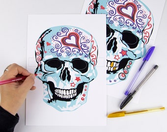 Descarga de máscara de calavera, calavera de azúcar, máscaras de Halloween, Día de Muertos, máscaras de 2 colores, actividad para adultos y niños, máscaras de calavera descarga PDF