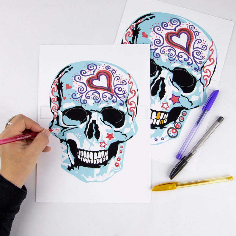 Descarga de máscara de calavera, calavera de azúcar, máscaras de Halloween, Día de Muertos, máscaras de 2 colores, actividad para adultos y niños, máscaras de calavera descarga PDF imagen 1