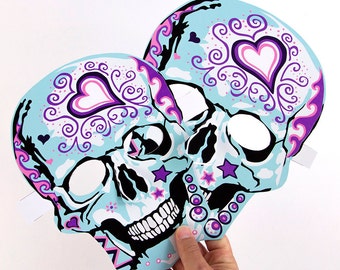 Día de Muertos, Día de Muertos, calaveras de azúcar con diseño de corazón Actividad para adultos y niños, Máscaras para hacer