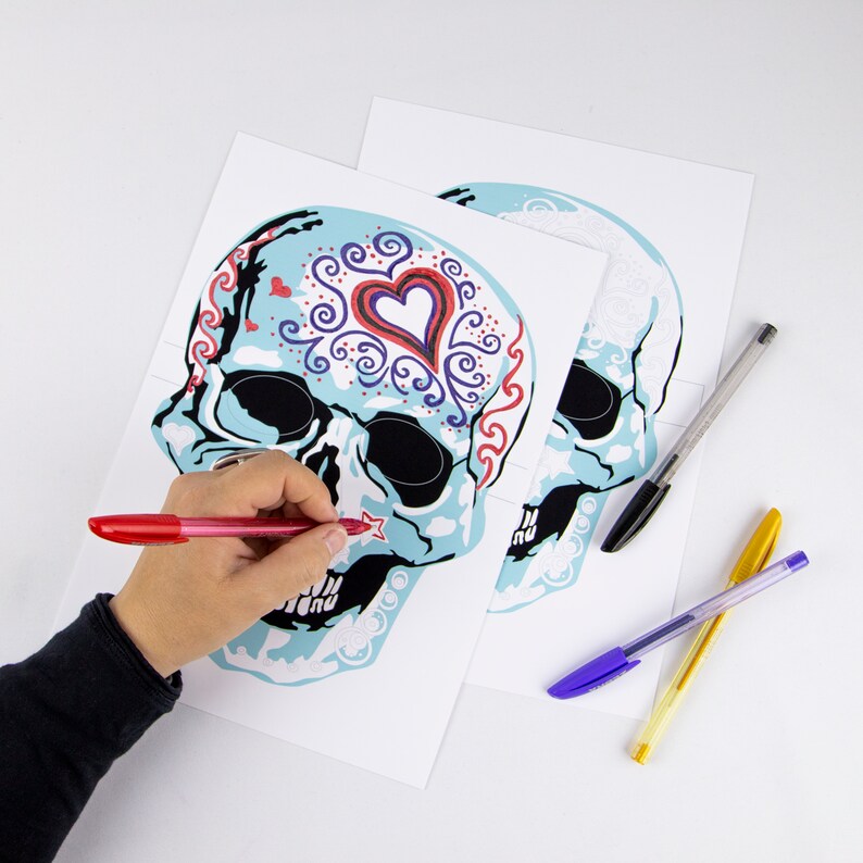 Descarga de máscara de calavera, calavera de azúcar, máscaras de Halloween, Día de Muertos, máscaras de 2 colores, actividad para adultos y niños, máscaras de calavera descarga PDF imagen 3