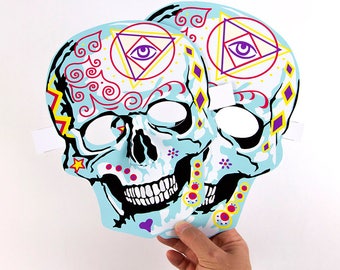 Paper Craft,  Halloween Skull mask, Day of the Dead, Día de Muertos, skull with illuminati design, Adult and child activity, Masks to make