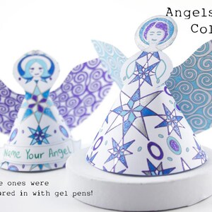 Adorno de ángel navideño de papel 2 ángeles para colorear, descarga e impresión de archivos pdf, decoración del hogar, adorno de mesa, decoración de árboles para regalos imagen 1